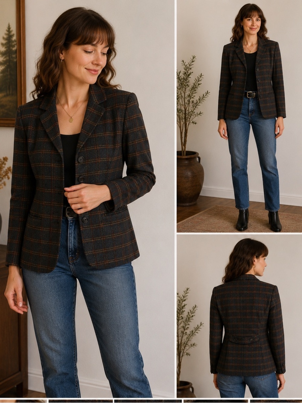 Vintage Jacob Wool-Blend Plaid Blazer Classic 90s Windowpane – Size 4